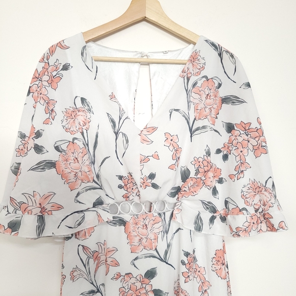 Women's Floral Print Ruffles Mini Dress V Neck Batwing Short Sleeve. # 91 - Picture 5 of 14